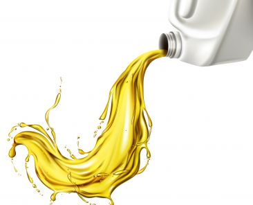 Engine synthetic or mineral oil, car lubricant spilling with splash from white blank bottle, canister realistic vector illustration isolated on white background. Automotive industry chemistry product